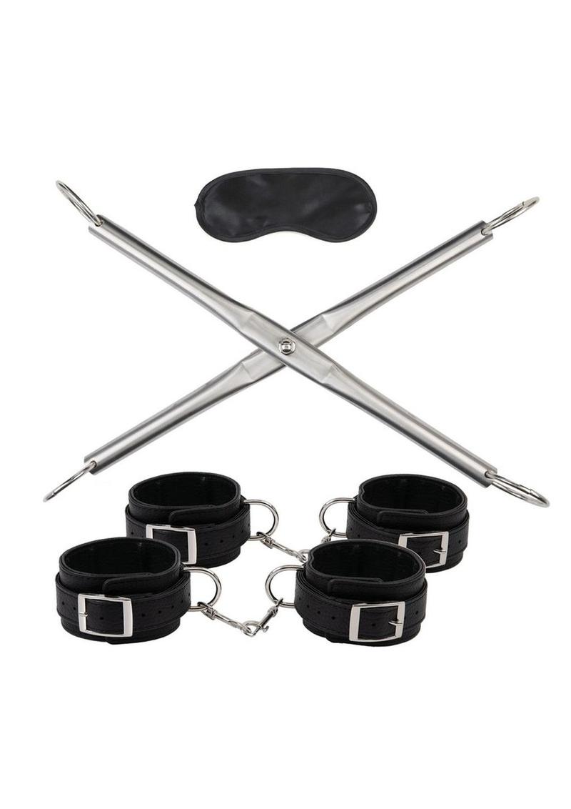 Lux Fetish Hog-Tie Spreader Bar with Detachable Wrist & Ankle Cuffs - Silver/Black
