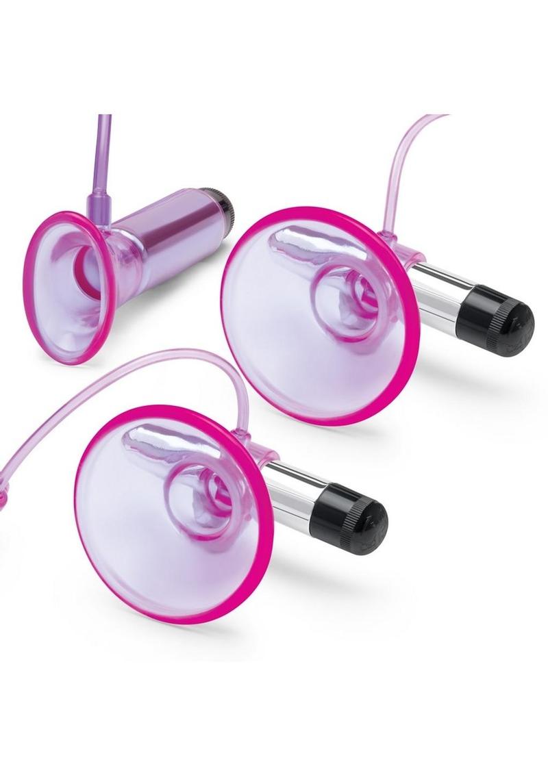 Lux Fetish Vibrating Nipple Suckers with Clitoral Pump With Quick Release - Purple/Silver