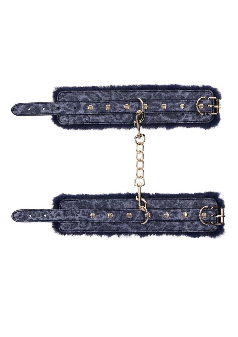 Sex & Mischief Cougar Fur Handcuffs - Navy/Gold