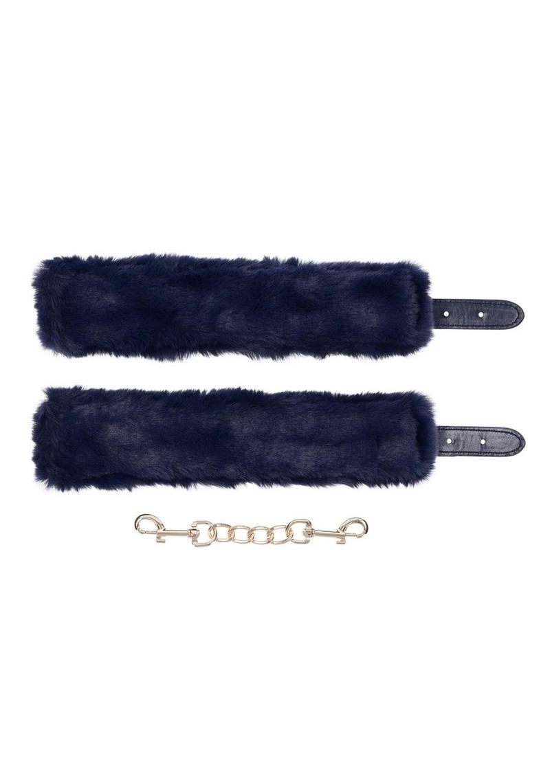 Sex & Mischief Cougar Fur Handcuffs - Navy/Gold