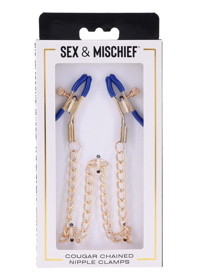 Sex & Mischief Cougar Chained Nipple Clamps - Gold/Navy