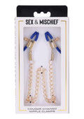 Sex & Mischief Cougar Chained Nipple Clamps - Gold/Navy