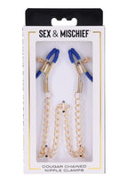 Sex & Mischief Cougar Chained Nipple Clamps - Gold/Navy