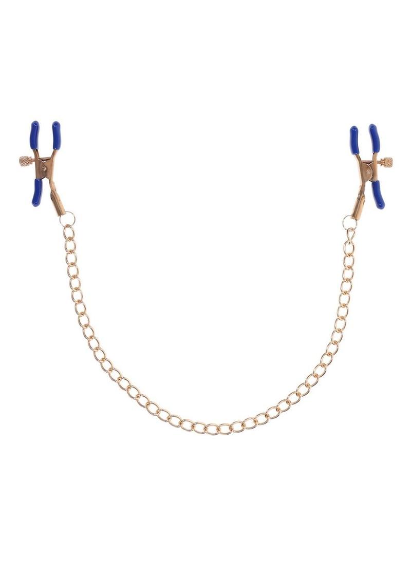 Sex & Mischief Cougar Chained Nipple Clamps - Gold/Navy