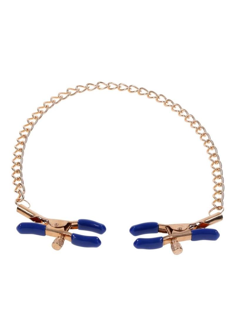 Sex & Mischief Cougar Chained Nipple Clamps - Gold/Navy