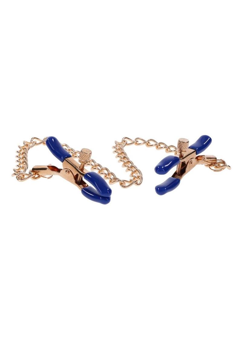 Sex & Mischief Cougar Chained Nipple Clamps - Gold/Navy