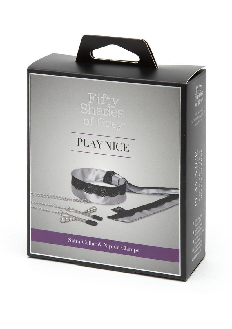 Fifty Shades of Grey Play Nice Satin & Lace Collar & Nipple Clamps - Silver/Black