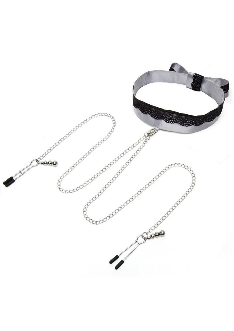 Fifty Shades of Grey Play Nice Satin & Lace Collar & Nipple Clamps - Silver/Black