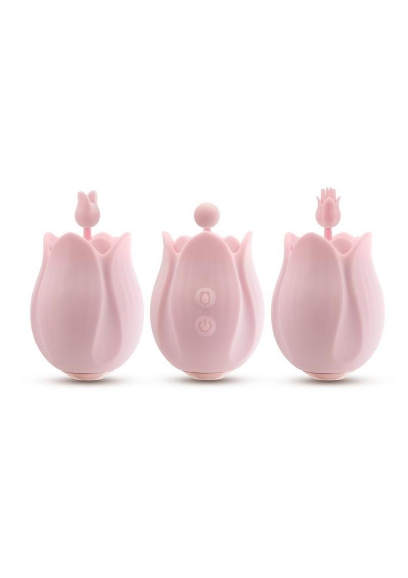 Play with Me Romantic Rose Rechargeable Silicone Nipple and Clitoral Stimulator with 3 Interchangeable Attachments - Pink