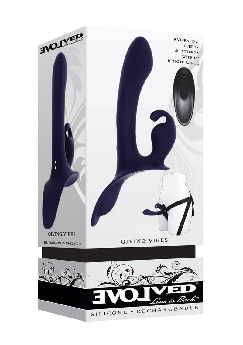 Giving Vibes Rechargeable Silicone Triple Stimulation Strap-On - Purple