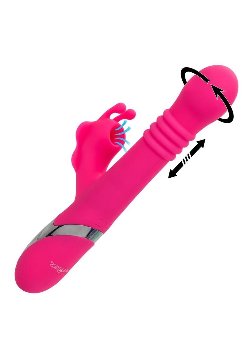 Enchanted Kissing Butterfly Rechargeable Silicone Thrusting and Rotating Vibrator with Clitoral Stimulator - Pink