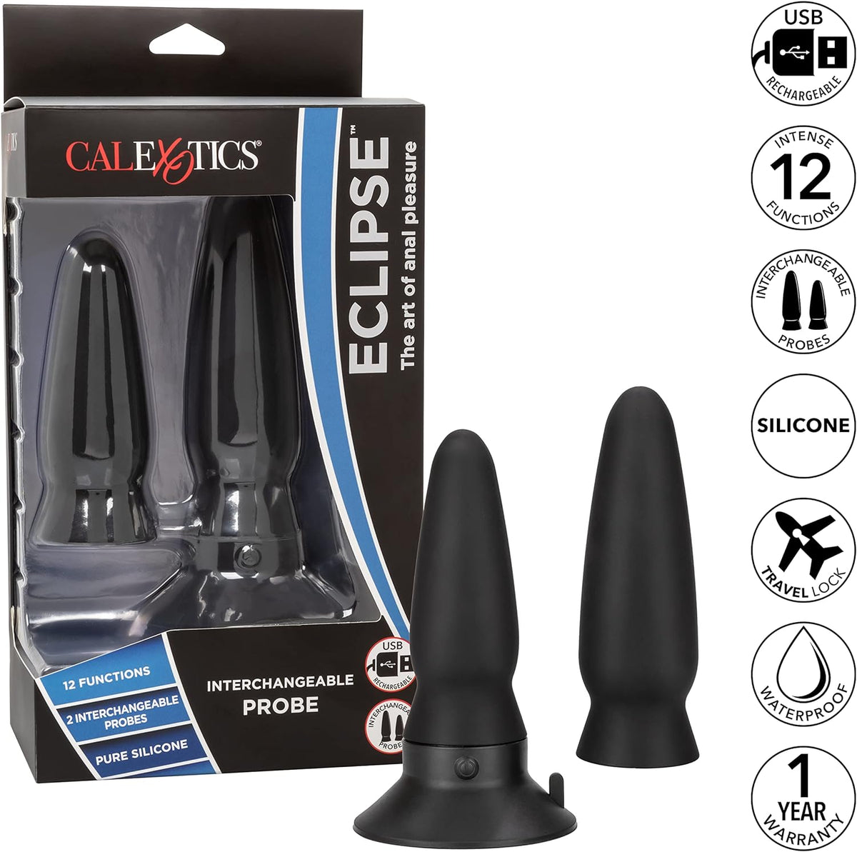 Eclipse Interchangeable Rechargeable Silicone Probe with Remote Control - Black