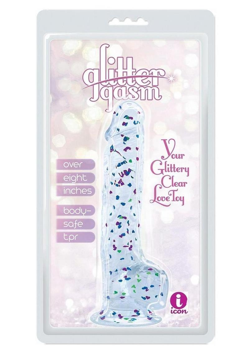 Glittergasm Realistic Clear Dildo with Balls and Suction Cup - Blue/Purple/Violet Glitter