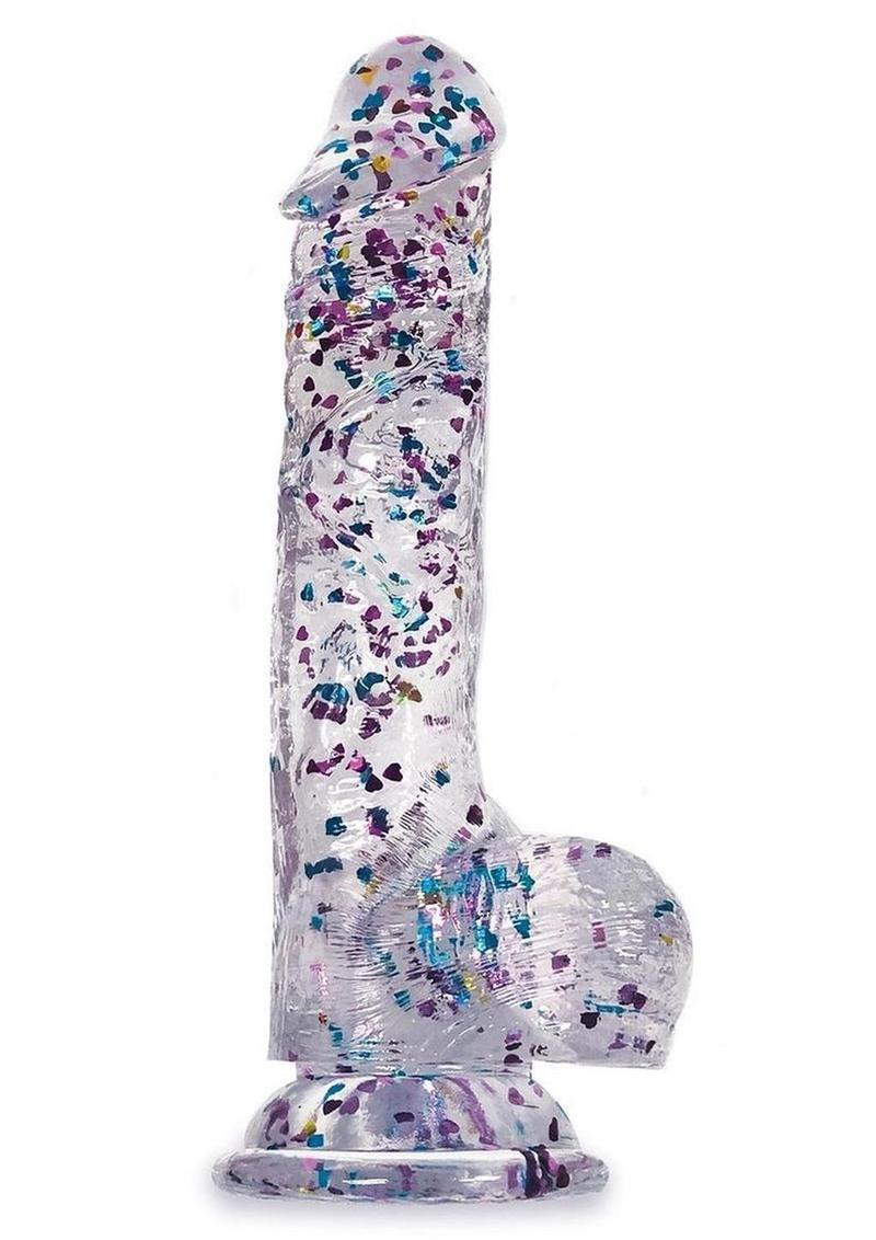 Glittergasm Realistic Clear Dildo with Balls and Suction Cup - Blue/Purple/Violet Glitter