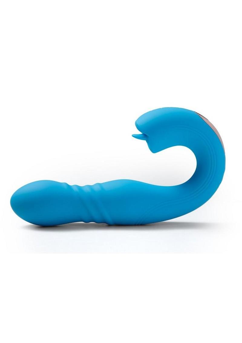 Joi Thrust 2 Pressure Sensing App Controlled Thrusting G-spot Silicone Rechargeable Vibrator & Tongue Clit Licker - Blue/Gold