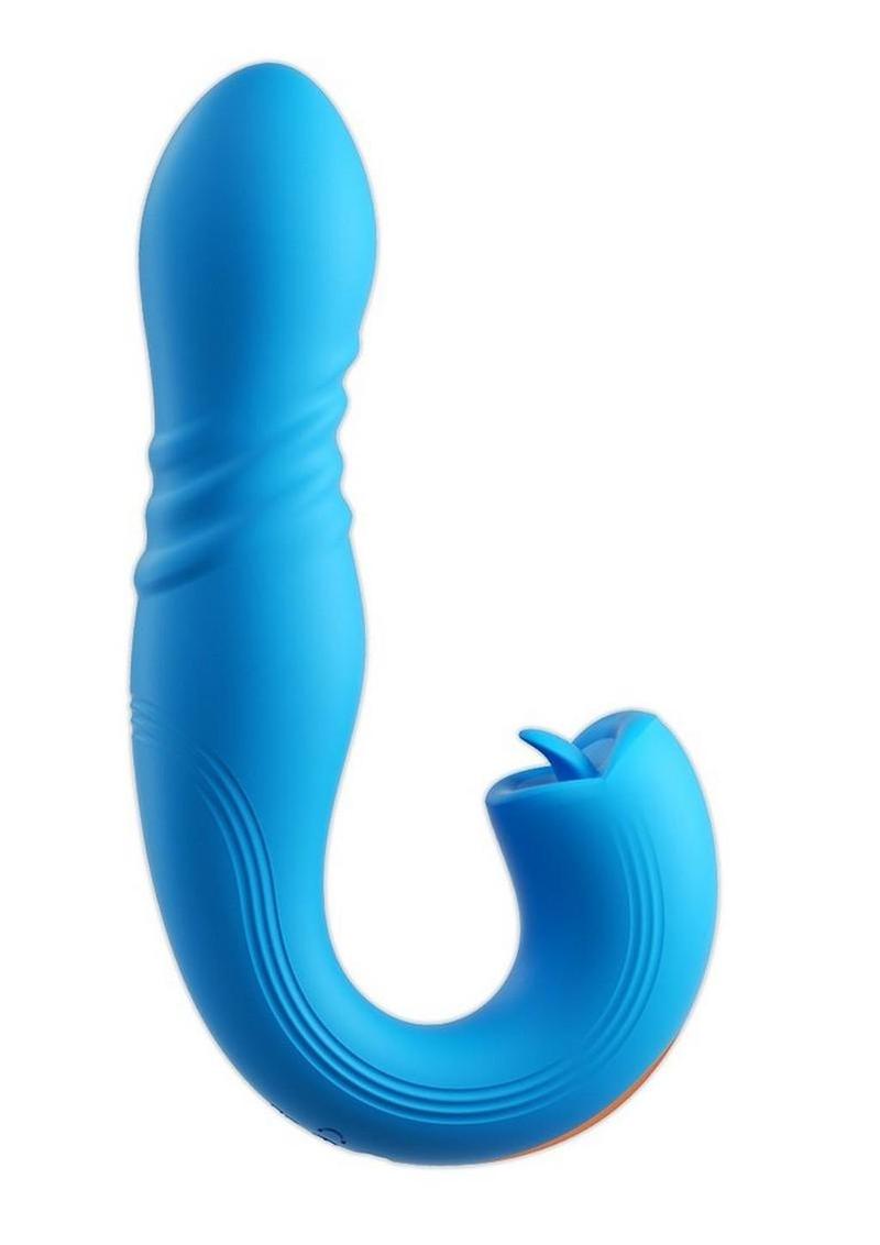 Joi Thrust 2 Pressure Sensing App Controlled Thrusting G-spot Silicone Rechargeable Vibrator & Tongue Clit Licker - Blue/Gold