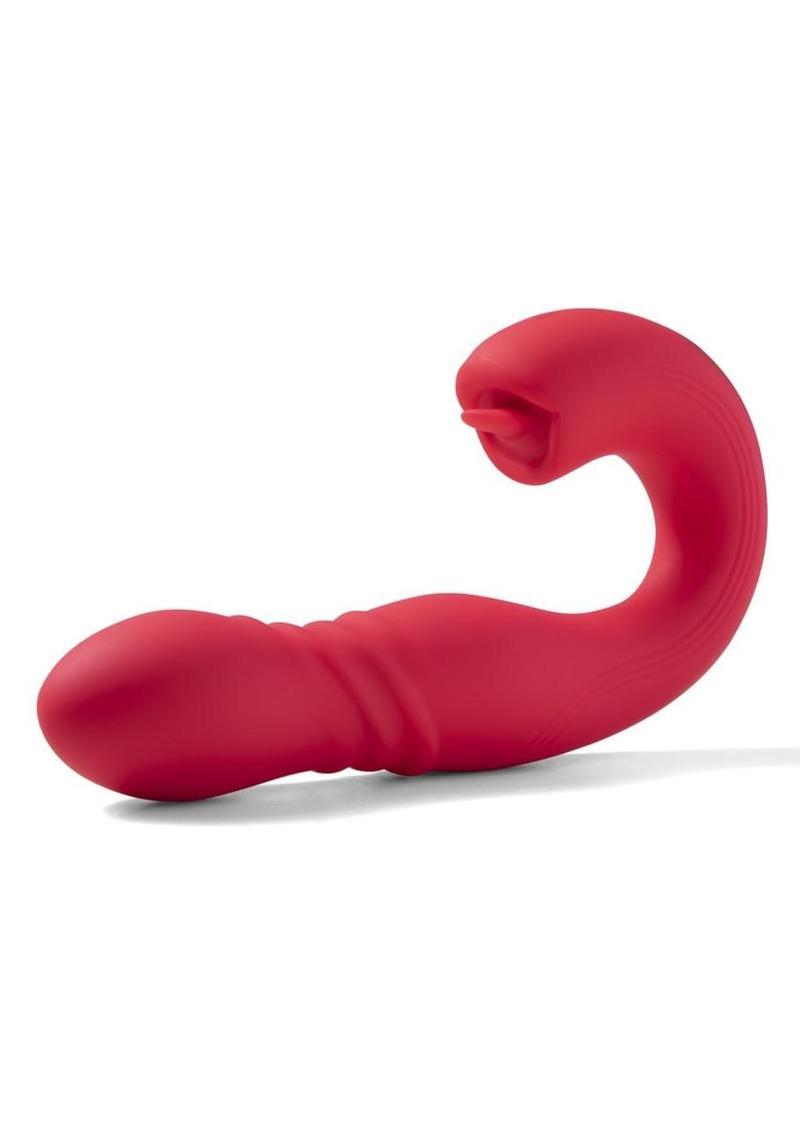 Joi Thrust 2 Pressure Sensing App Controlled Thrusting G-spot Silicone Rechargeable Vibrator & Tongue Clit Licker - Red/Gold