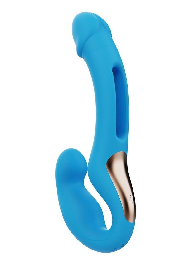 Harmony Duo App-Controlled Rechargeable Silicone Strapless Strap-on - Blue/Gold