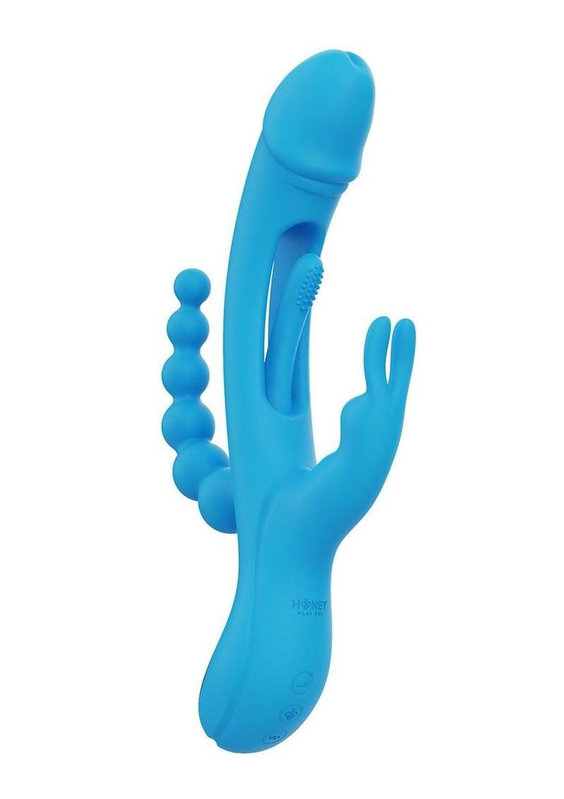 Trilux Kinky Finger Rechargeable Silicone Triple Stimulation Rabbit Vibrator with Anal Beads - Blue
