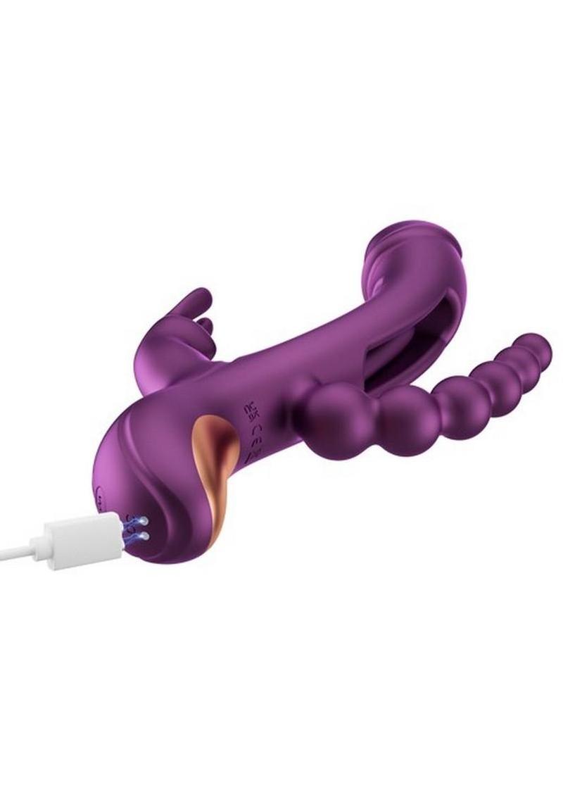 Trilux Kinky Finger Rechargeable Silicone Triple Stimulation Rabbit Vibrator with Anal Beads - Purple