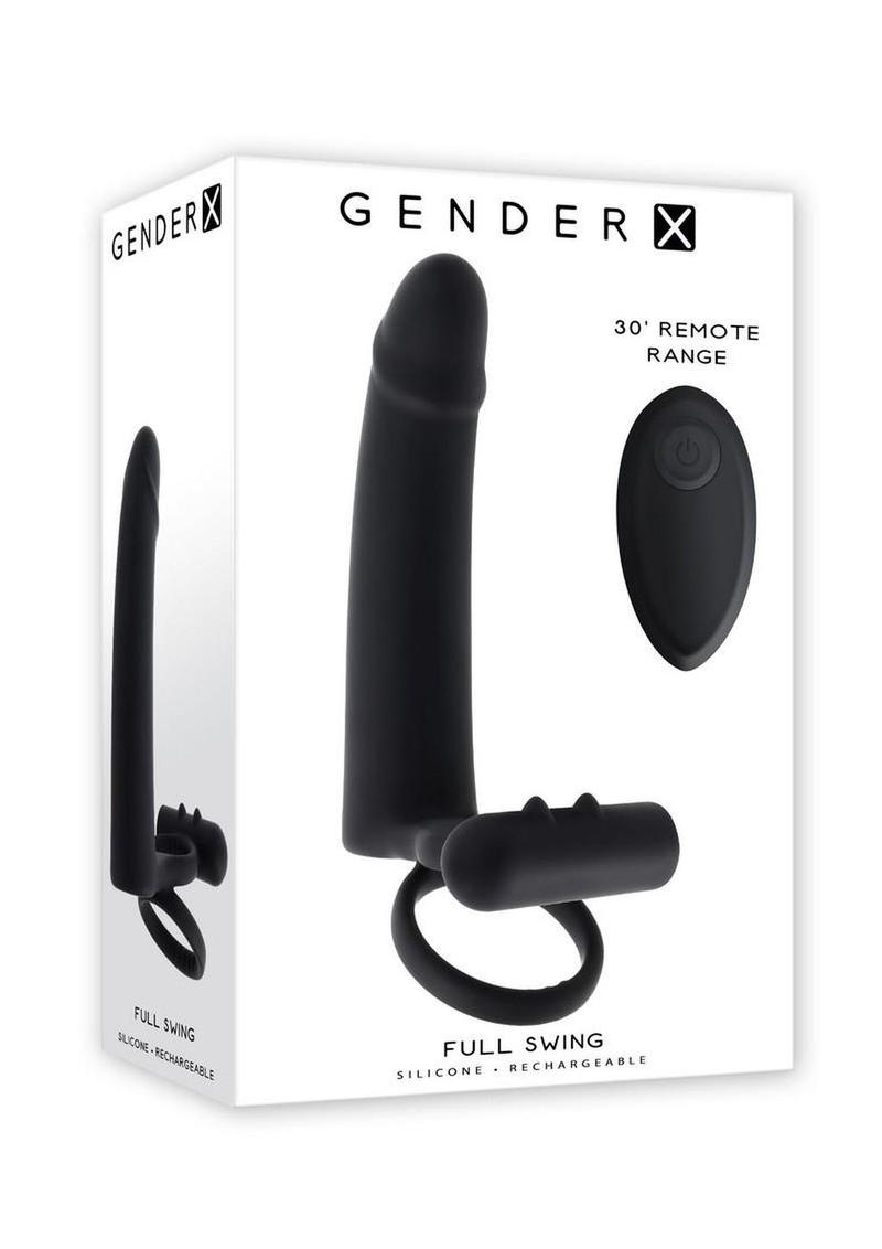 Gender X Full Swing Rechargeable Silicone Vibrating Dildo with Dual Cock Ring and Remote Control - Black