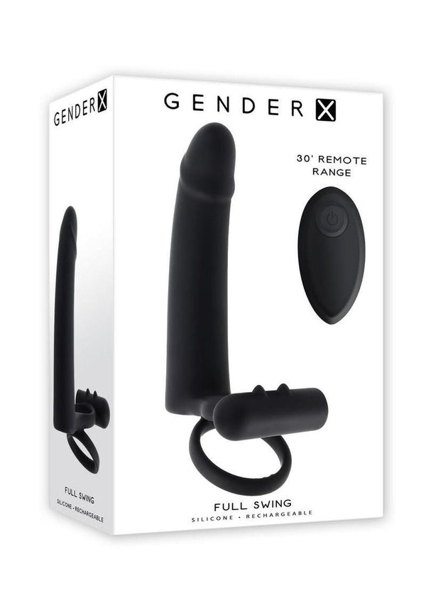 Gender X Full Swing Rechargeable Silicone Vibrating Dildo with Dual Cock Ring and Remote Control - Black