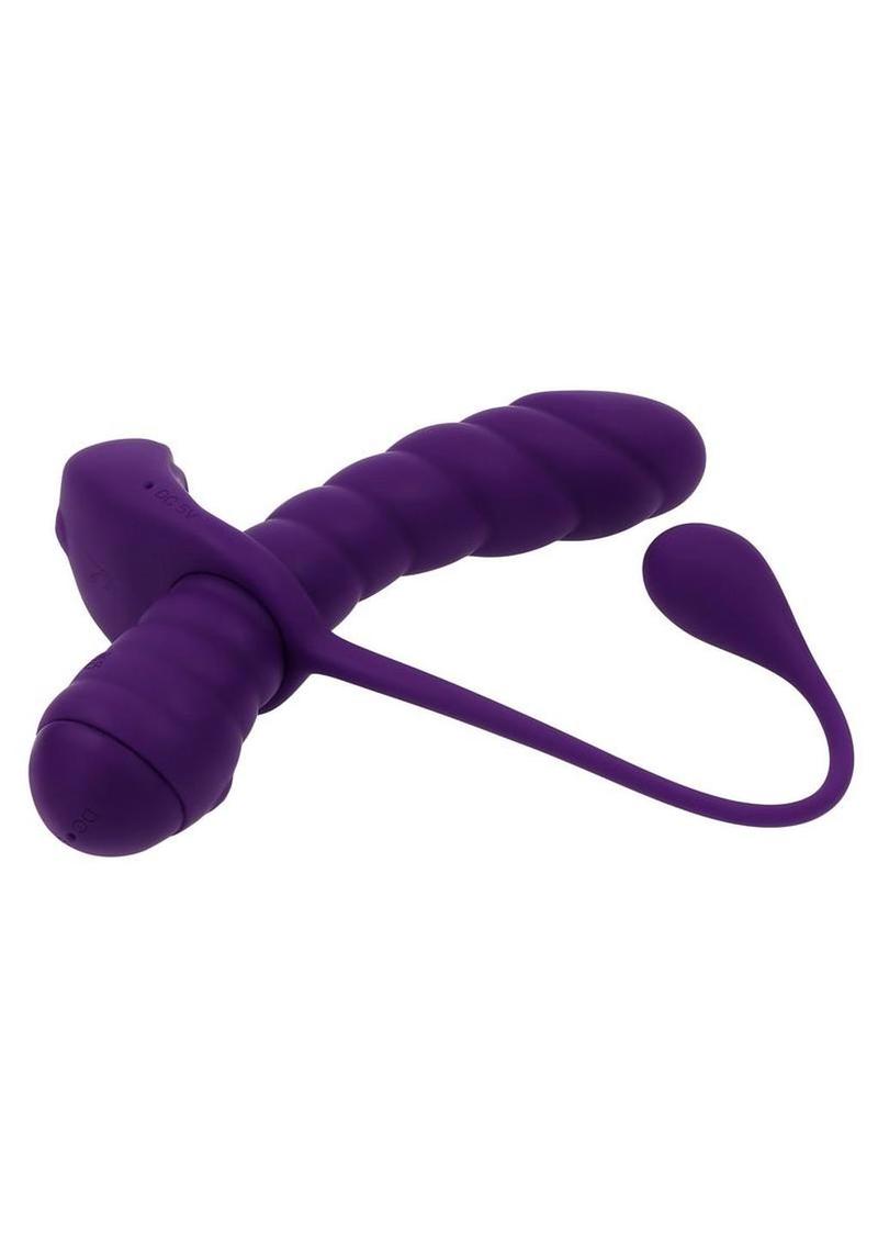 Playboy Twisted Playground Rechargeable Silicone Dual Vibrator with Detachable C-Ring Anal Tail - Purple
