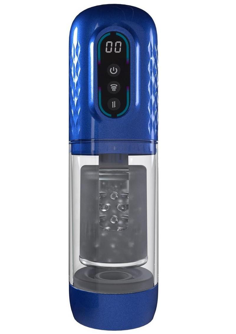 Pumped Vortex Multi Function Suction Rotating Thrusting Rechargeable Masturbator - Metallic Blue