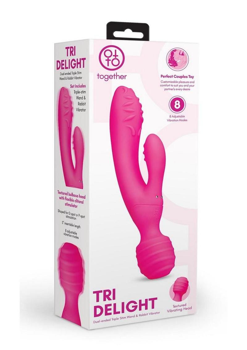 Together Tri Delight Dual-Ended Rechargeable Silicone Triple Stim Wand & Rabbit Vibrator - Pink