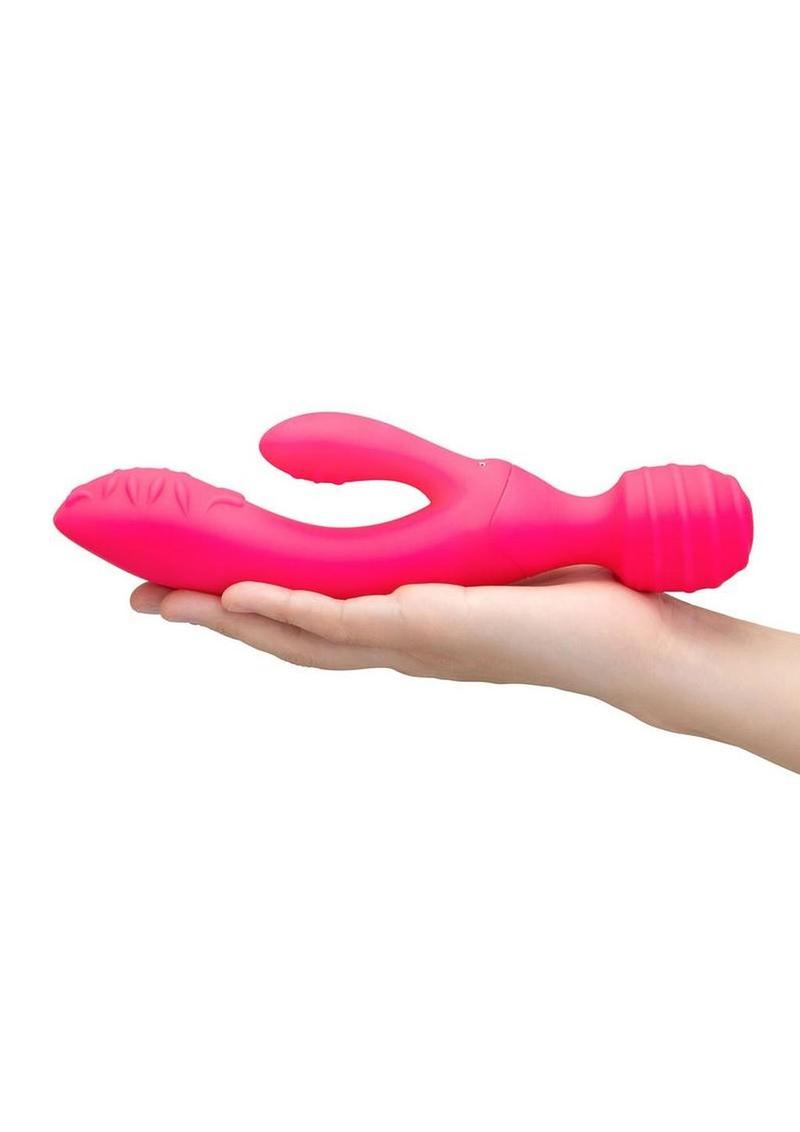 Together Tri Delight Dual-Ended Rechargeable Silicone Triple Stim Wand & Rabbit Vibrator - Pink