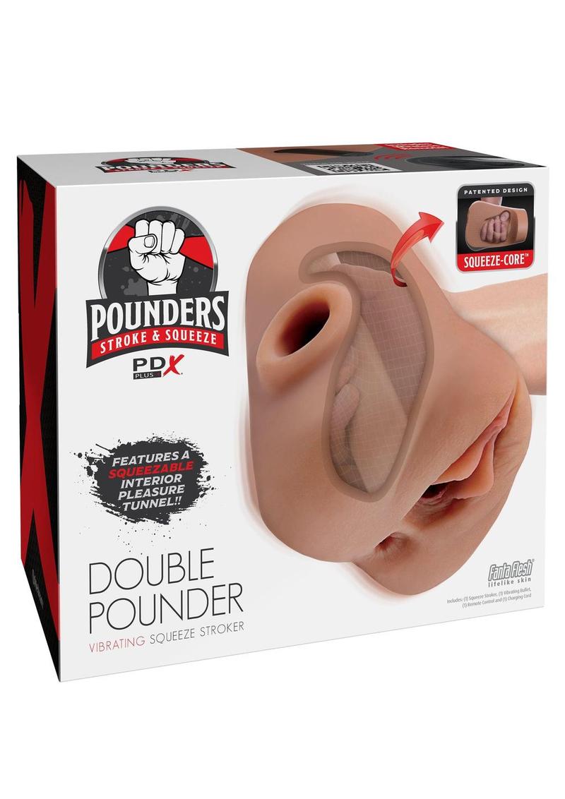 PDX Plus Double Pounder Vibrating Squeeze Stroker - Pussy & Ass - Caramel