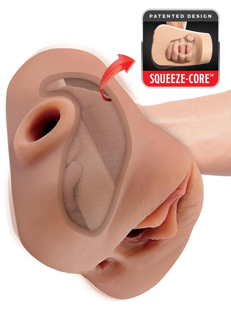 PDX Plus Double Pounder Vibrating Squeeze Stroker - Pussy & Ass - Caramel