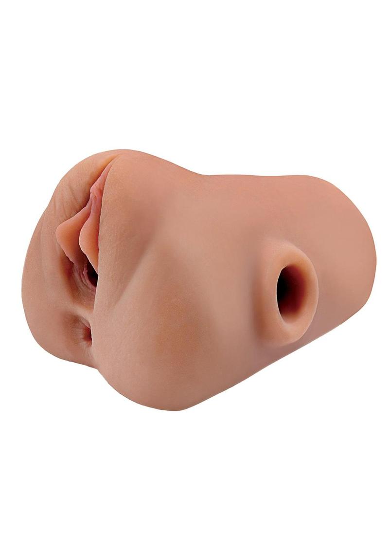 PDX Plus Double Pounder Vibrating Squeeze Stroker - Pussy & Ass - Caramel