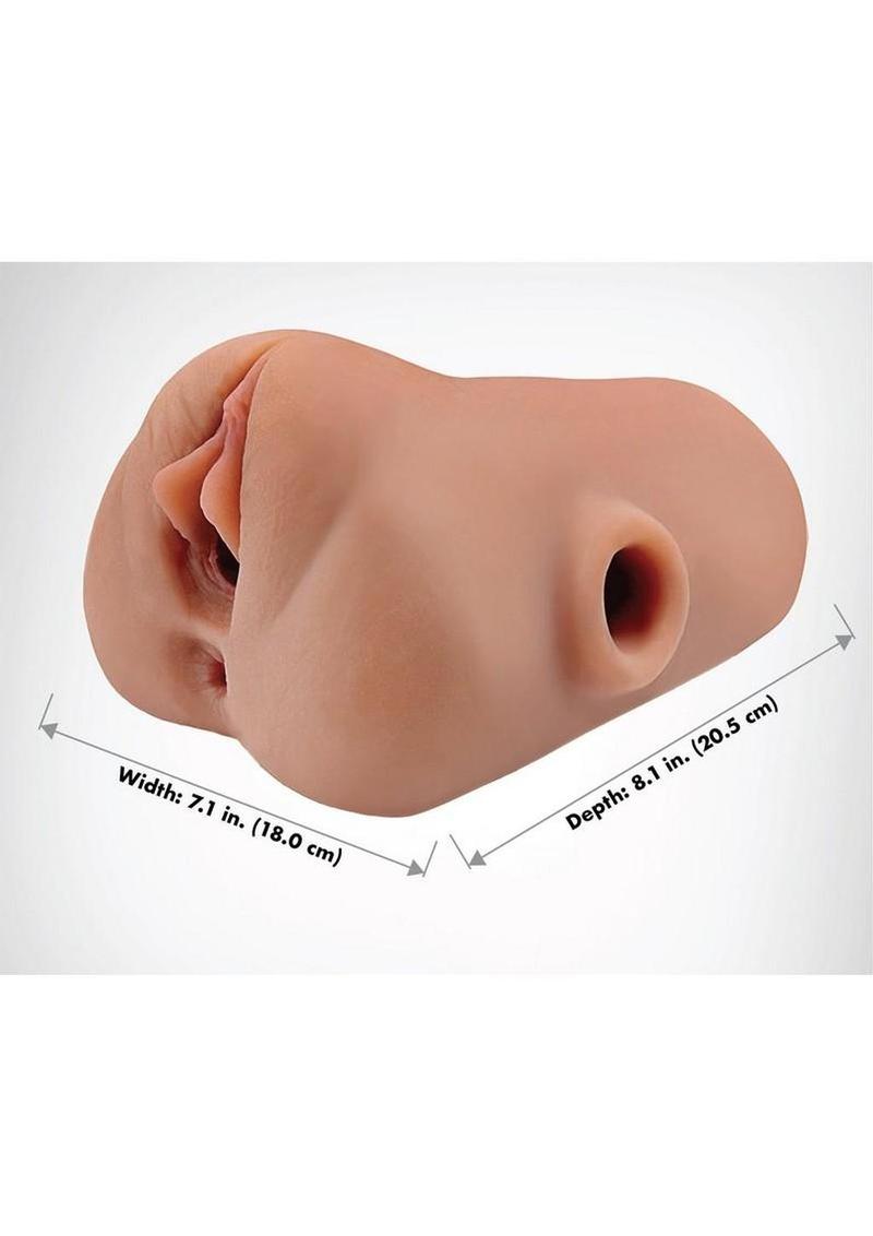 PDX Plus Double Pounder Vibrating Squeeze Stroker - Pussy & Ass - Caramel