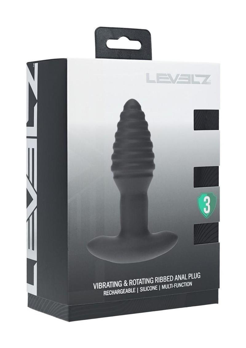Levelz Vibrating & Rotating Ribbed Silicone Rechargeable Anal Plug with Remote Control - Black