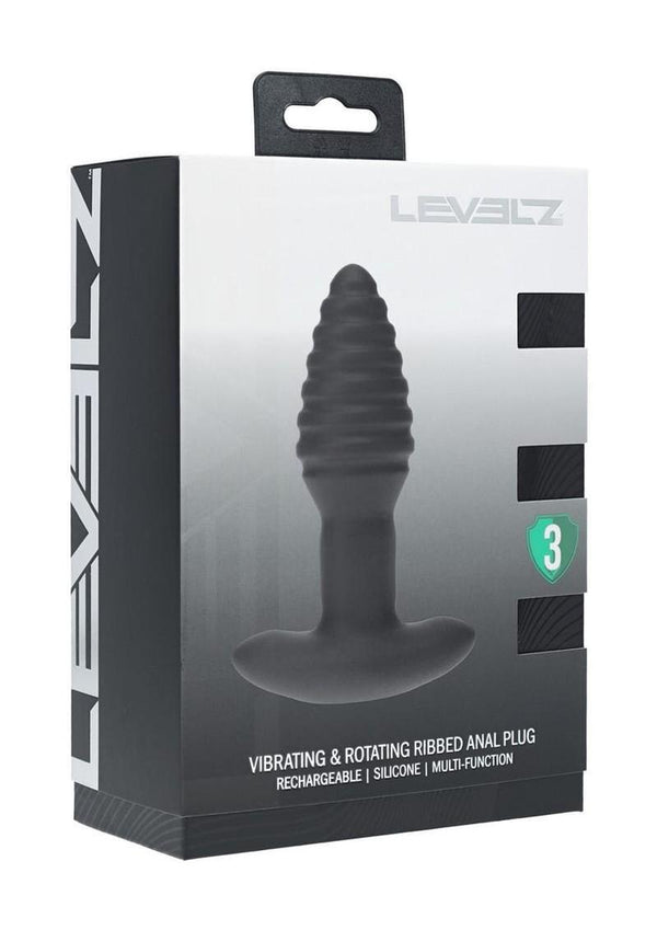 Levelz Vibrating & Rotating Ribbed Silicone Rechargeable Anal Plug with Remote Control - Black