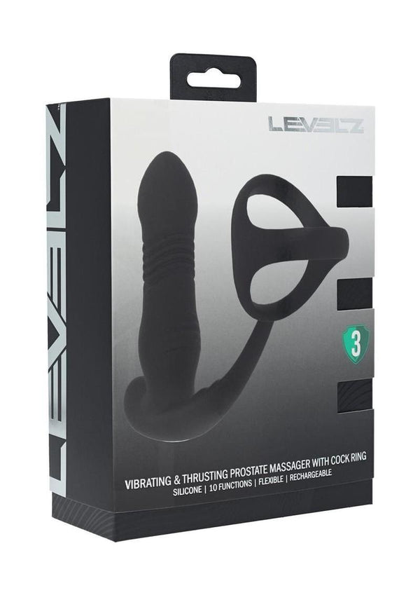Levelz Vibrating & Thrusting Silicone Rechargeable Prostate Massager with Tri O Cock Ring - Black