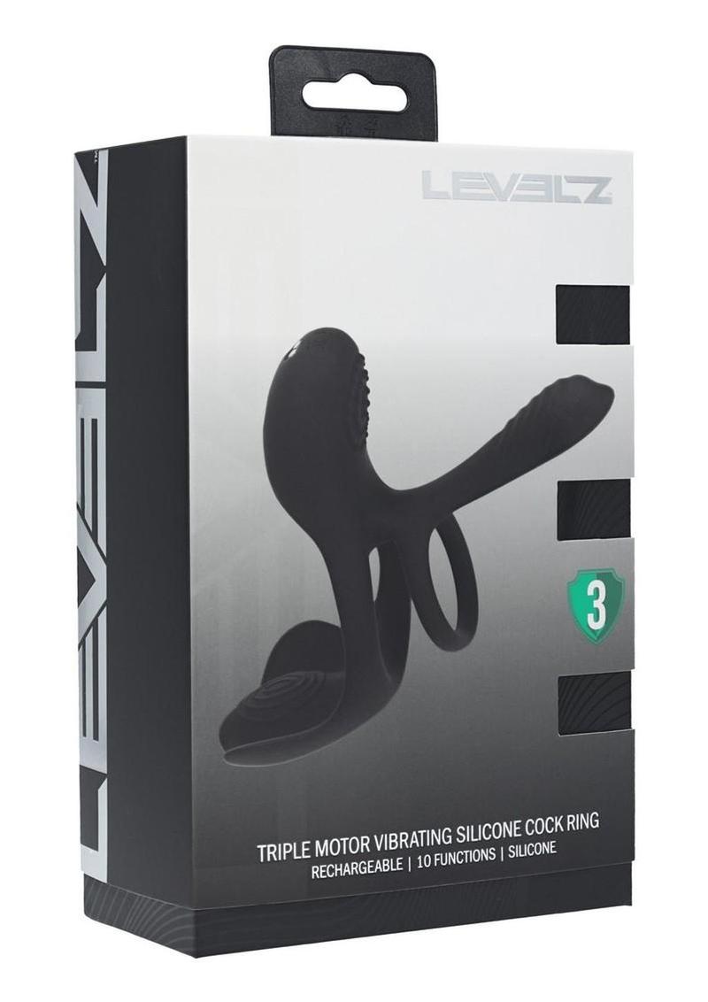 Levelz Triple Motor Vibrating Silicone Rechargeable Cock Ring - Black