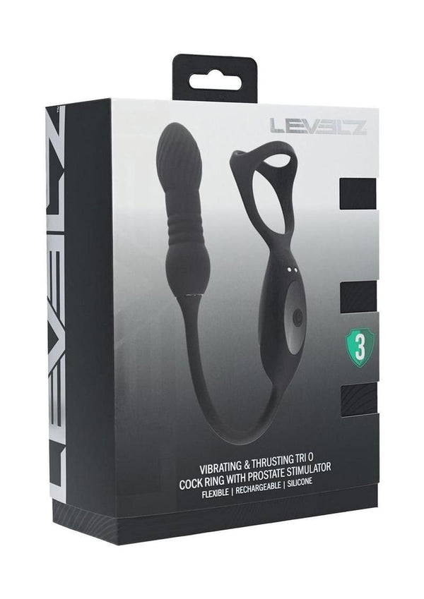 Levelz Vibrating & Thrusting Silicone Rechargeable Tri O Cock Ring with Prostate Stimulator - Black