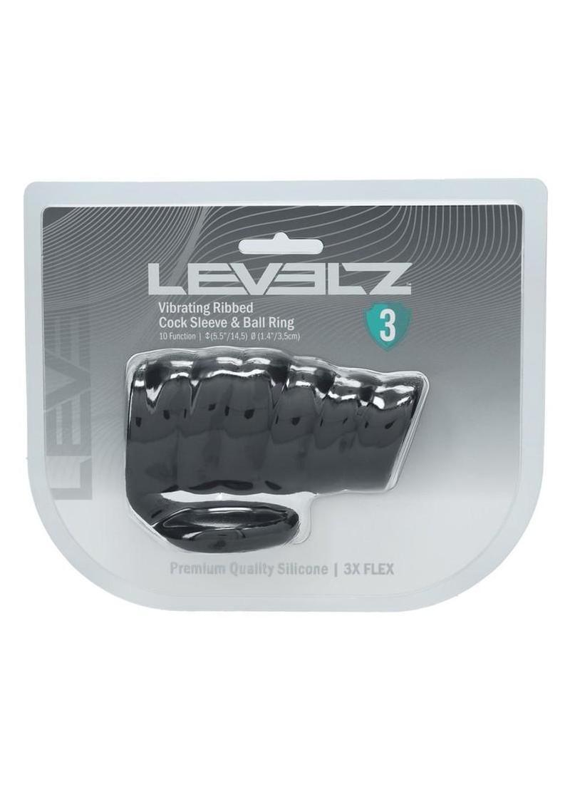 Levelz Vibrating Ribbed Silicone Cock Sleeve & Ball Ring - Black