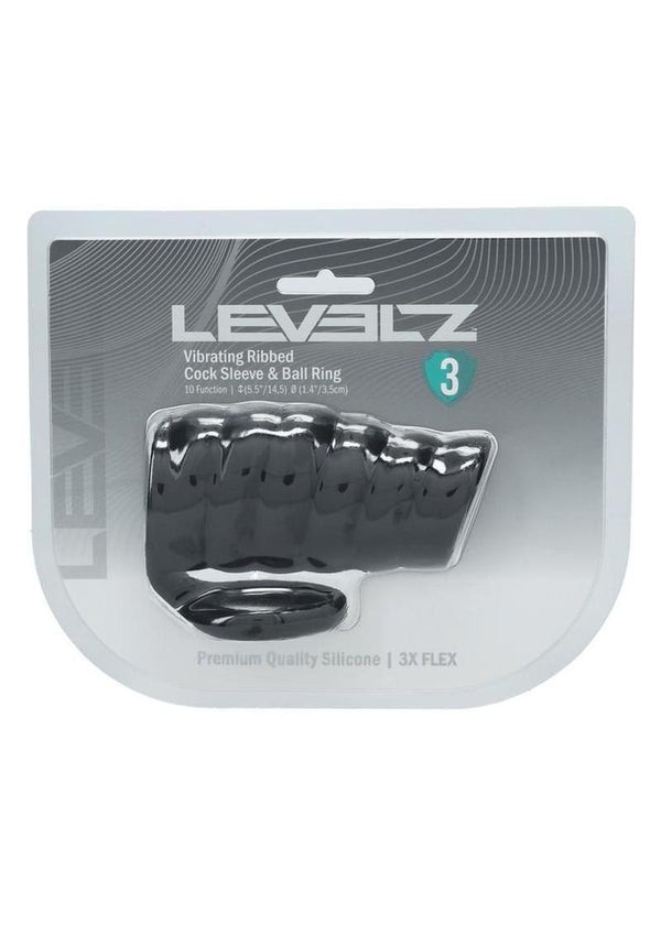 Levelz Vibrating Ribbed Silicone Cock Sleeve & Ball Ring - Black