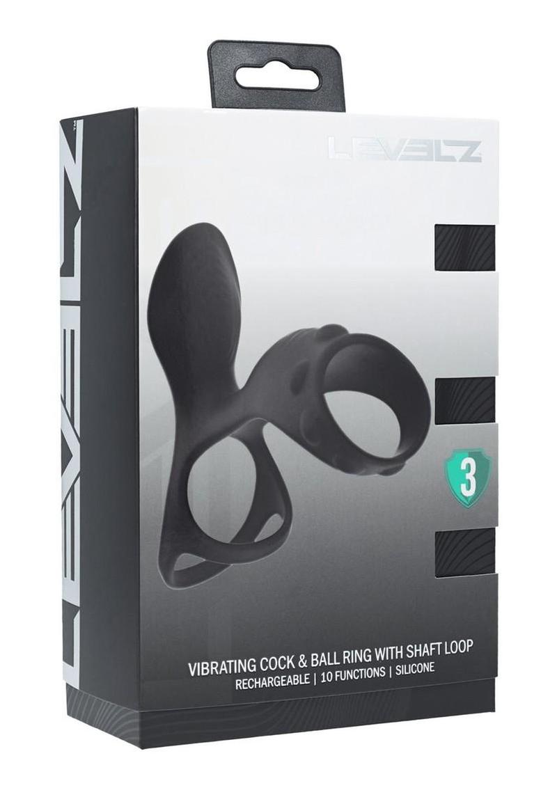 Levelz Vibrating Silicone Rechargeable Cock & Ball Ring with Shaft Loop - Black