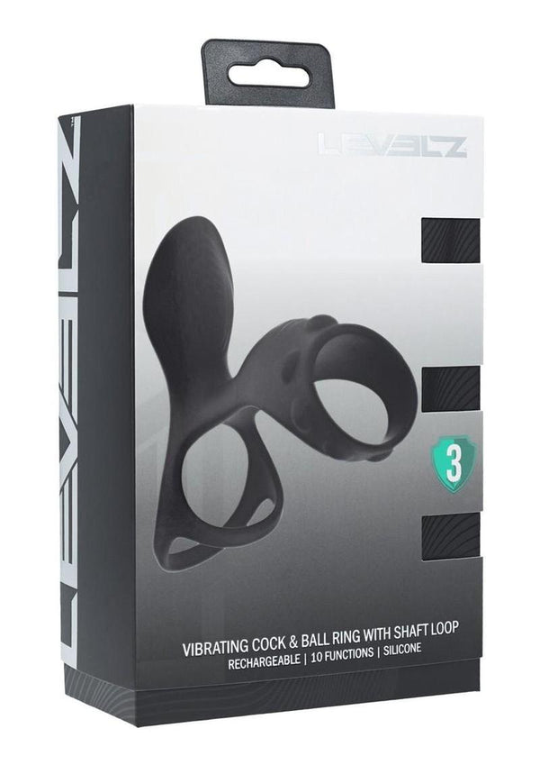 Levelz Vibrating Silicone Rechargeable Cock & Ball Ring with Shaft Loop - Black