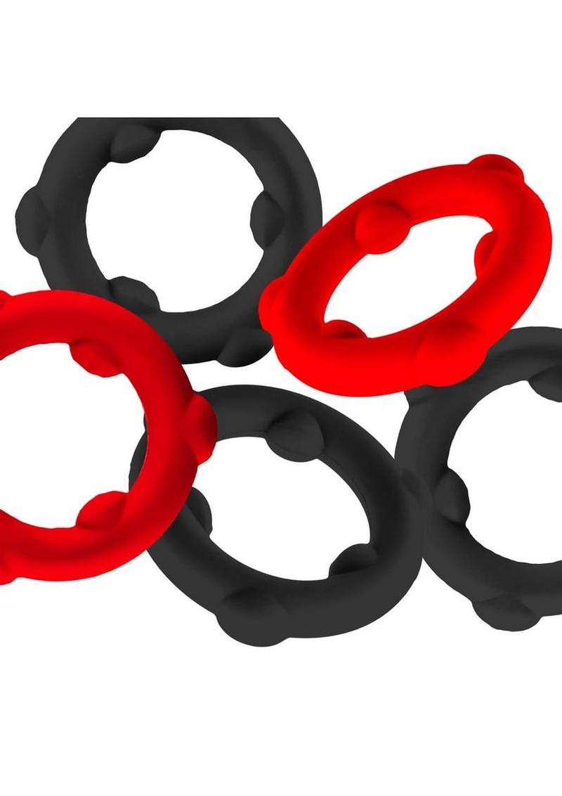 Oxballs Gearheads Silicone Spinner Cock Rings (5 Pack) - Red/Black