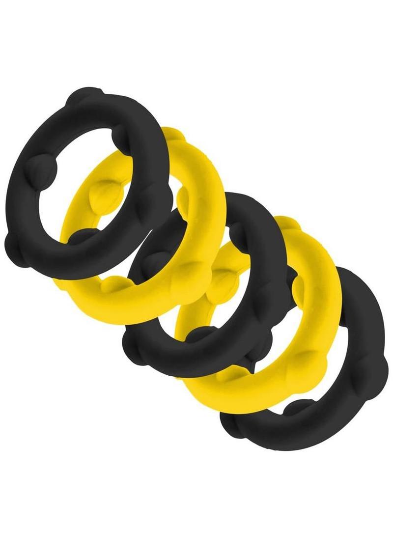 Oxballs Gearheads Silicone Spinner Cock Rings (5 Pack) - Yellow/Black