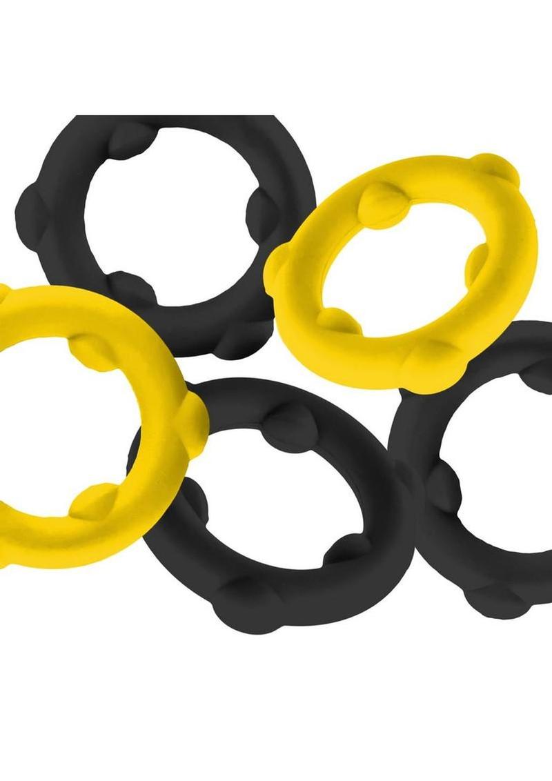 Oxballs Gearheads Silicone Spinner Cock Rings (5 Pack) - Yellow/Black