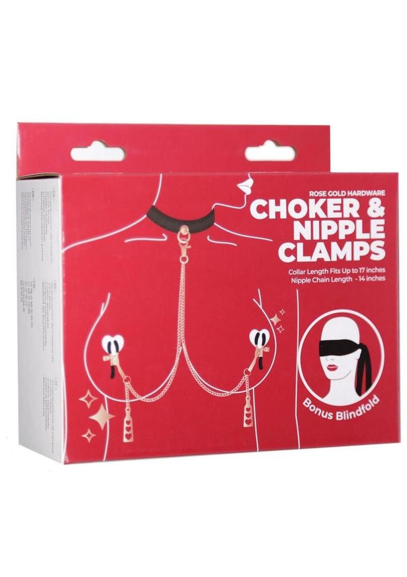 Punishment Choker & Nipple Clamps - Rose Gold