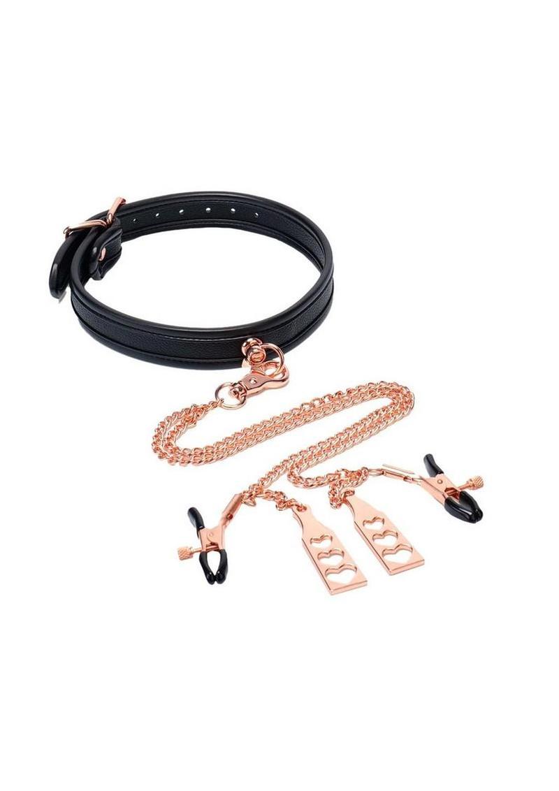 Punishment Choker & Nipple Clamps - Rose Gold