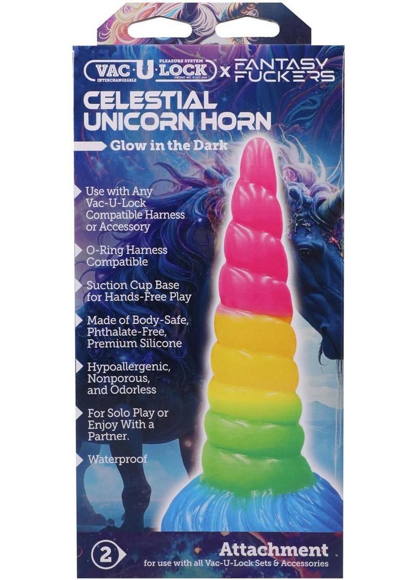 Vac-U-Lock Fantasy Fuckers Celestial Unicorn Horn Glow in the Dark Silicone Dildo - Multicolor