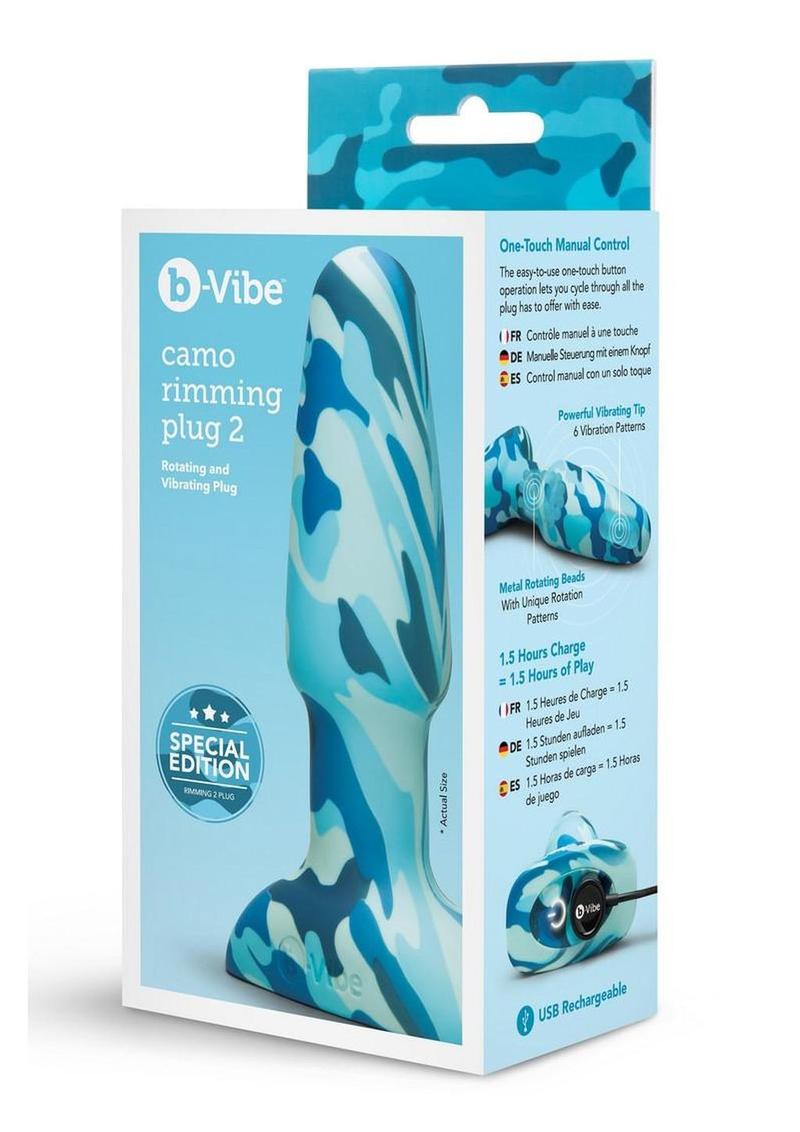 B-Vibe Rimming Plug 2 Rechargeable Silicone Anal Plug - Camo Blue